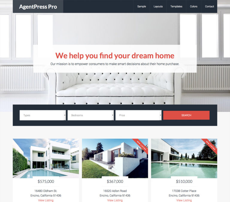 Perfect For Real Estate Agents, The AgentPress theme is an ideal solution for real estate agents looking to market themselves and rise above the competition.AgentPress includes multiple page templates that can be used to create a complete real estate website. From single property templates to a custom homepage, AgentPress is right for you.