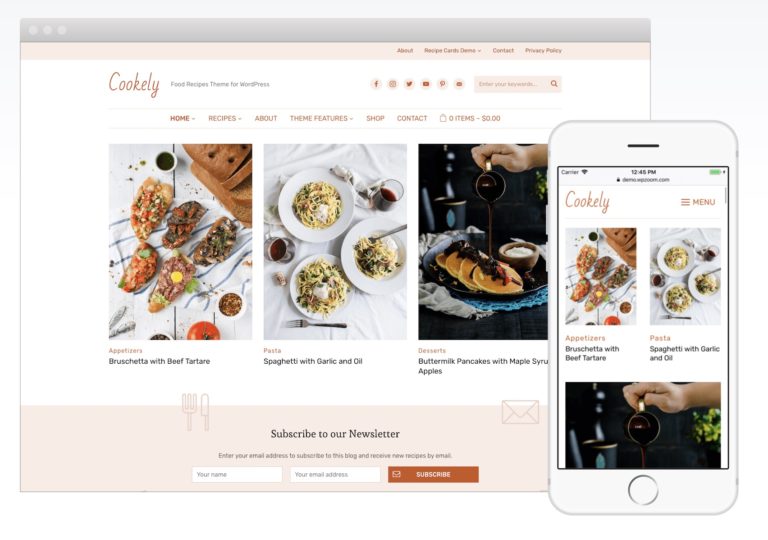 Cookely is the next-level WordPress theme for your food blog. Simple, yet packed with complex features, it provides flexibility for organizing your recipes in a compact, functional and stylish layout. Cookely boasts a fluid, responsive layout, so your articles will display perfectly across mobile and tablet devices. Images and galleries scale seamlessly when resizing the browser window. No matter what the resolution or screen size, every detail of your website will look perfect and professional.