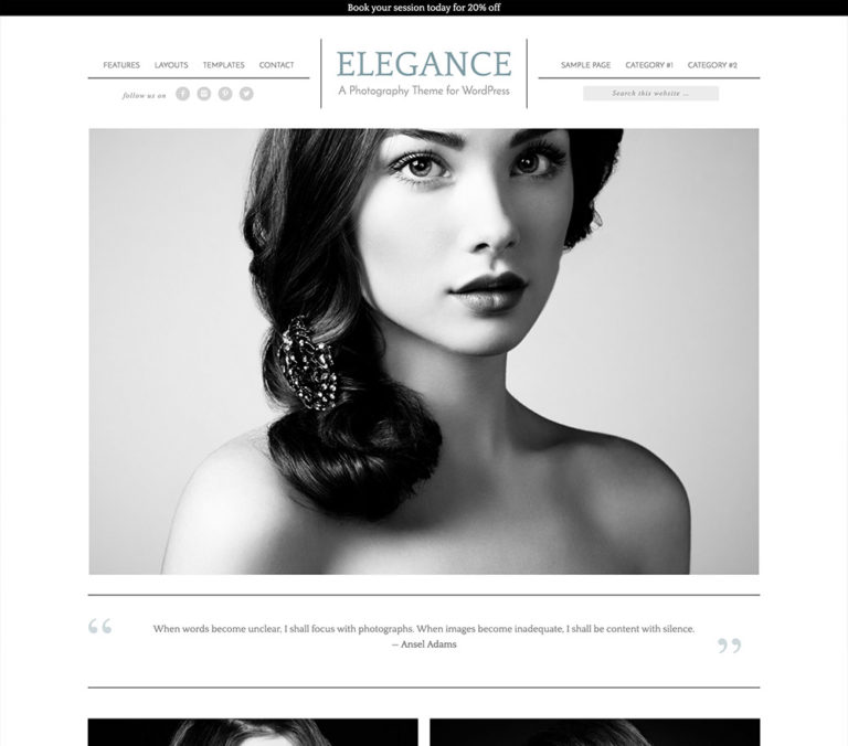 If you're looking for refinement and a polished presentation, your search is over. Elegance is a graceful theme for smart, sophisticated businesses. You'll love the large images and stately typography in Elegance. It's feature-rich and easily customizable as well.