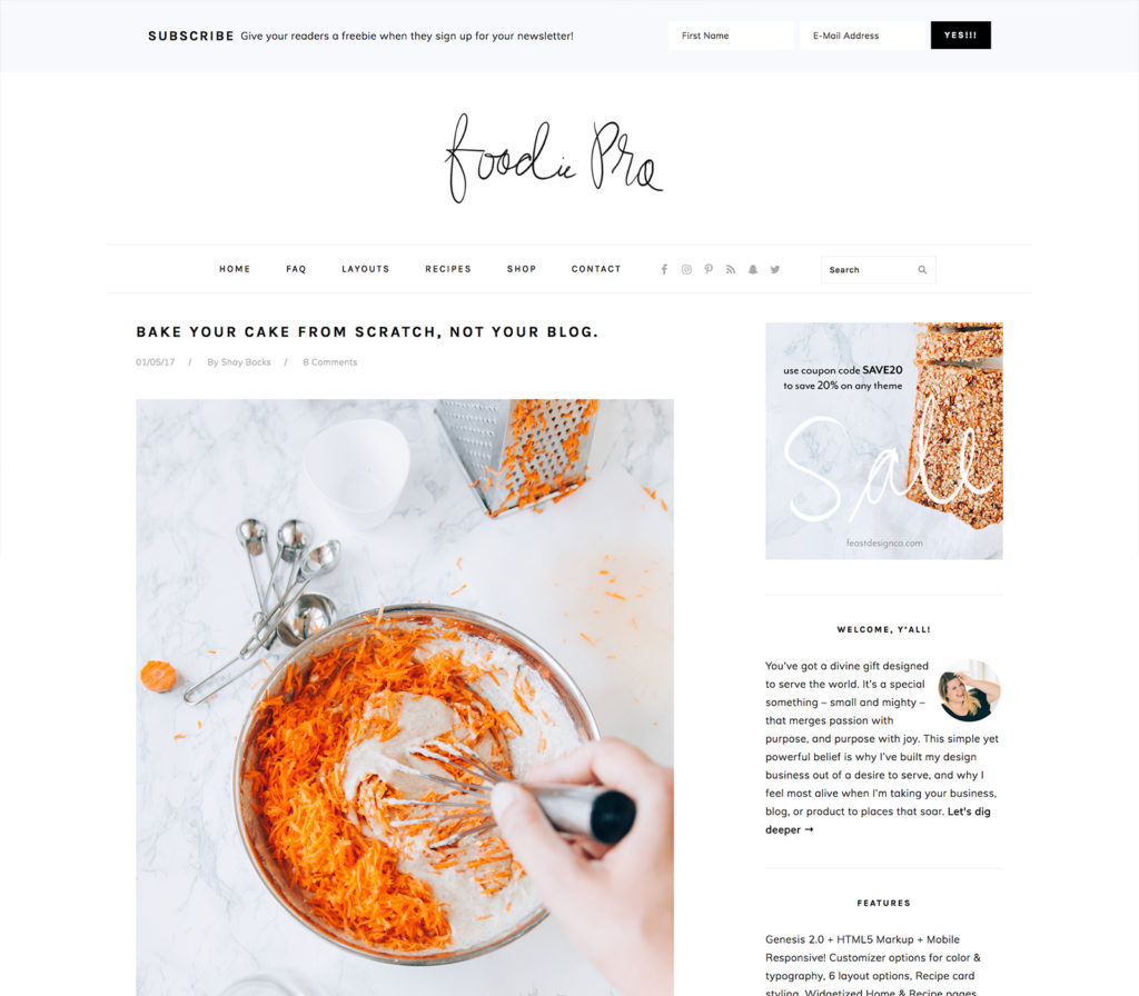 The Foodie Pro WordPress theme is one of the most popular themes for food blogs. It offers a She's sleek minimalist approach with a clean design with robust features. It's a Genesis theme favored for its flexibility. The Genesis Framework allows you to quickly build great looking, great functioning websites with WordPress easily. You could be a beginner or advanced WordPress developer and create secure, search-engine-optimized websites with WordPress. You'll need the Genesis framework first to install the popular custom themes.