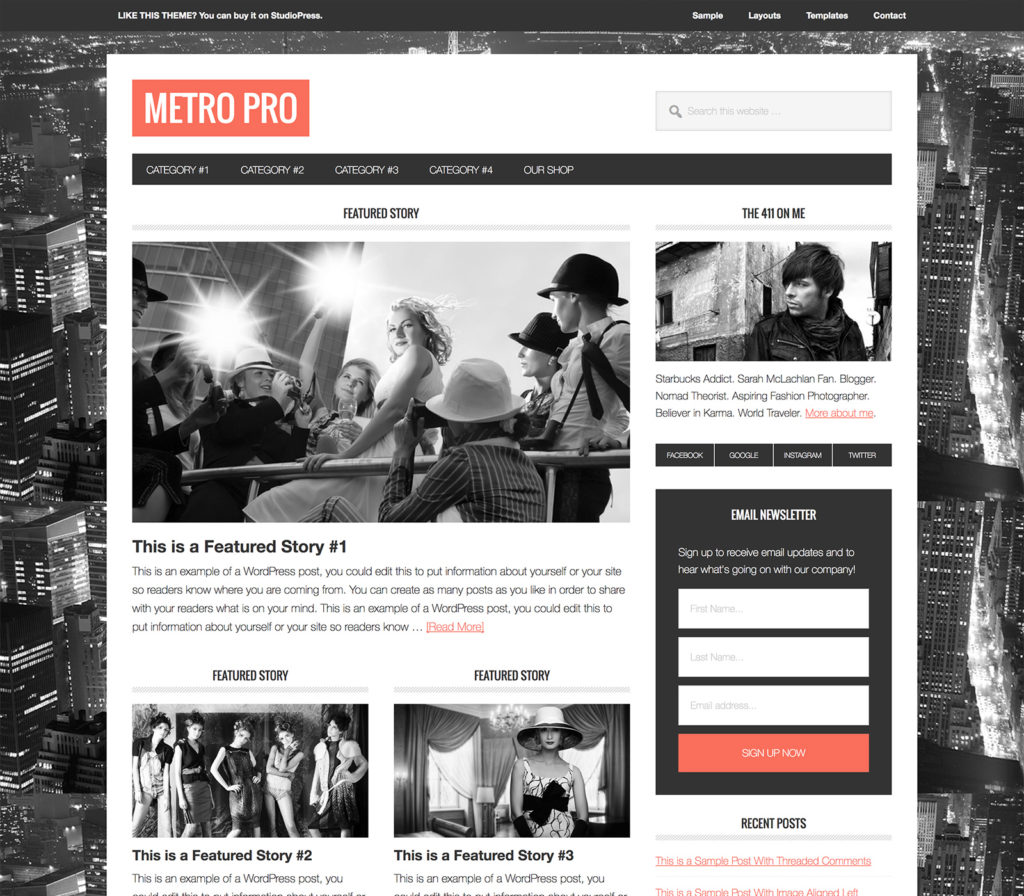 The Metro WordPress Theme is a stylish theme in red and black with black and white photos