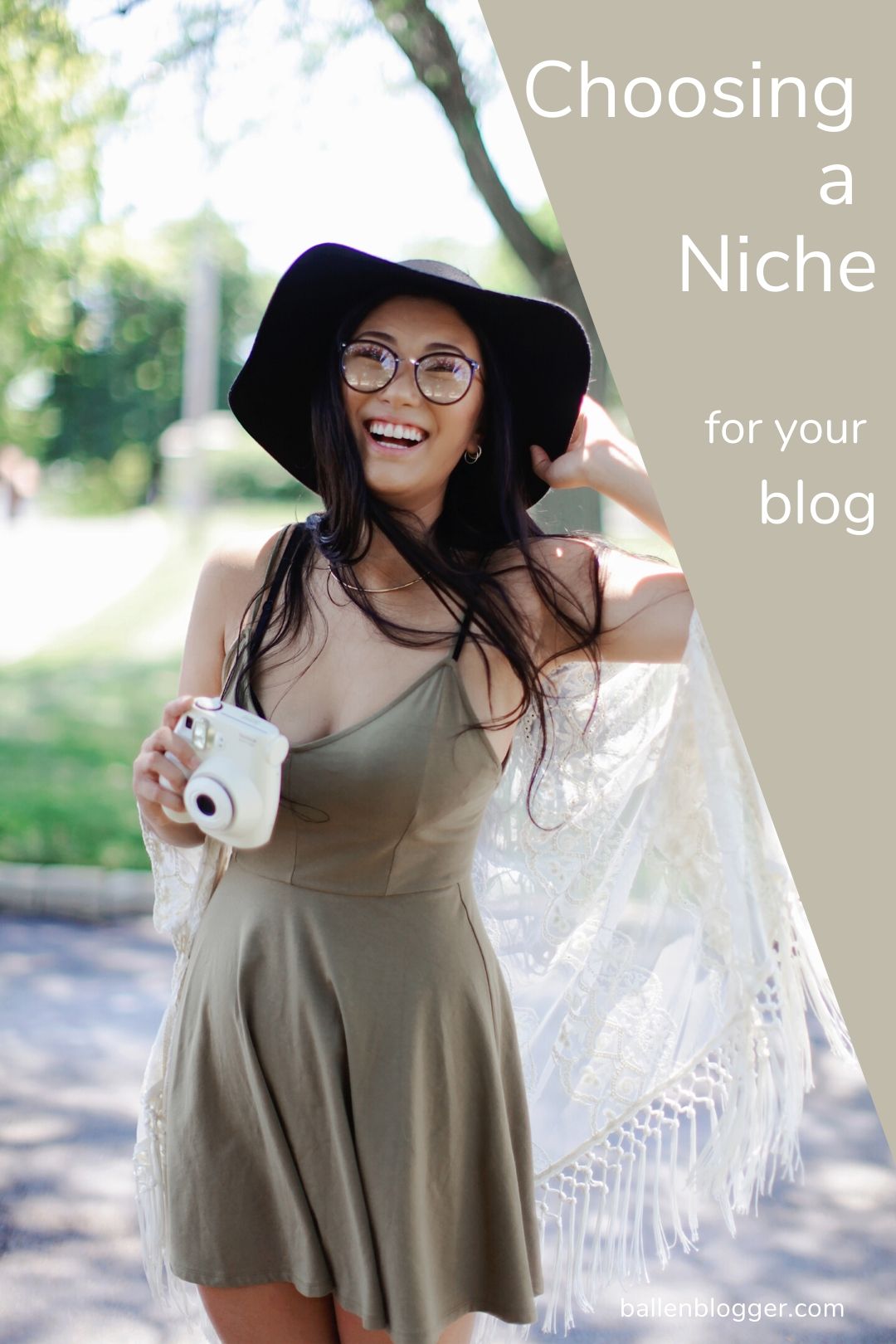 There's a girl in a tan summer dress and hat who could be traveling and is holding a coffee mug smiling next to the words how to choose a blog niche list