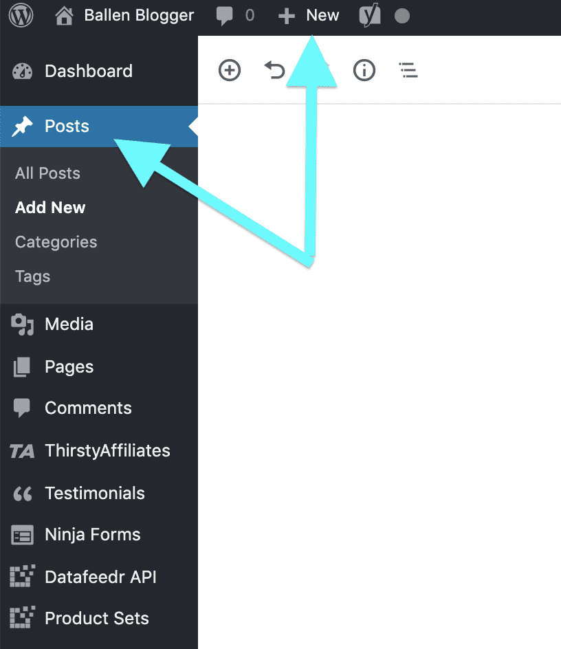To start a new post in WordPress, you can find the +New in the top of your WordPress dashboard navigation or on the left column by clicking posts and then Add New. 