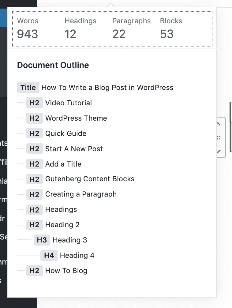 Using the i that is circled in the top navigation of your WordPress Dashboard, you can get the details on your blog that include word count, total paragraphs, headings, and blocks. 