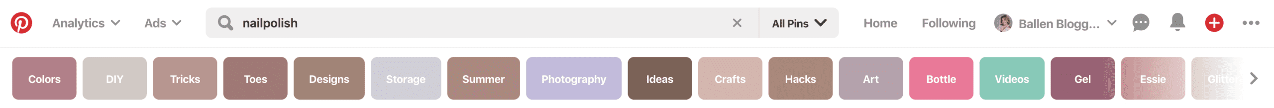 Pinterest Search with categories that would make good board names