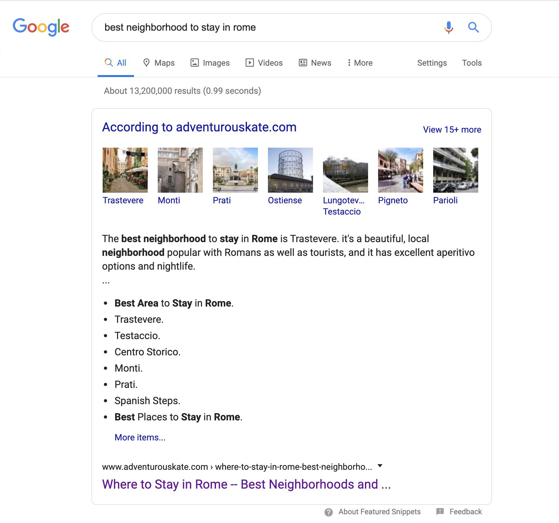 AdventurousKate.com has 119 Keywords earning featured snippets. Her top traffic earner is from the keyword phrase "Best Neighborhood to Stay in Rome"