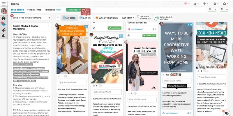 This tool allows you to encounter and grow with other marketers. Share your blog posts to the Tribe and if the Tribemates like the content; they will view and share it to their own Pinterest Boards for their audiences to see.