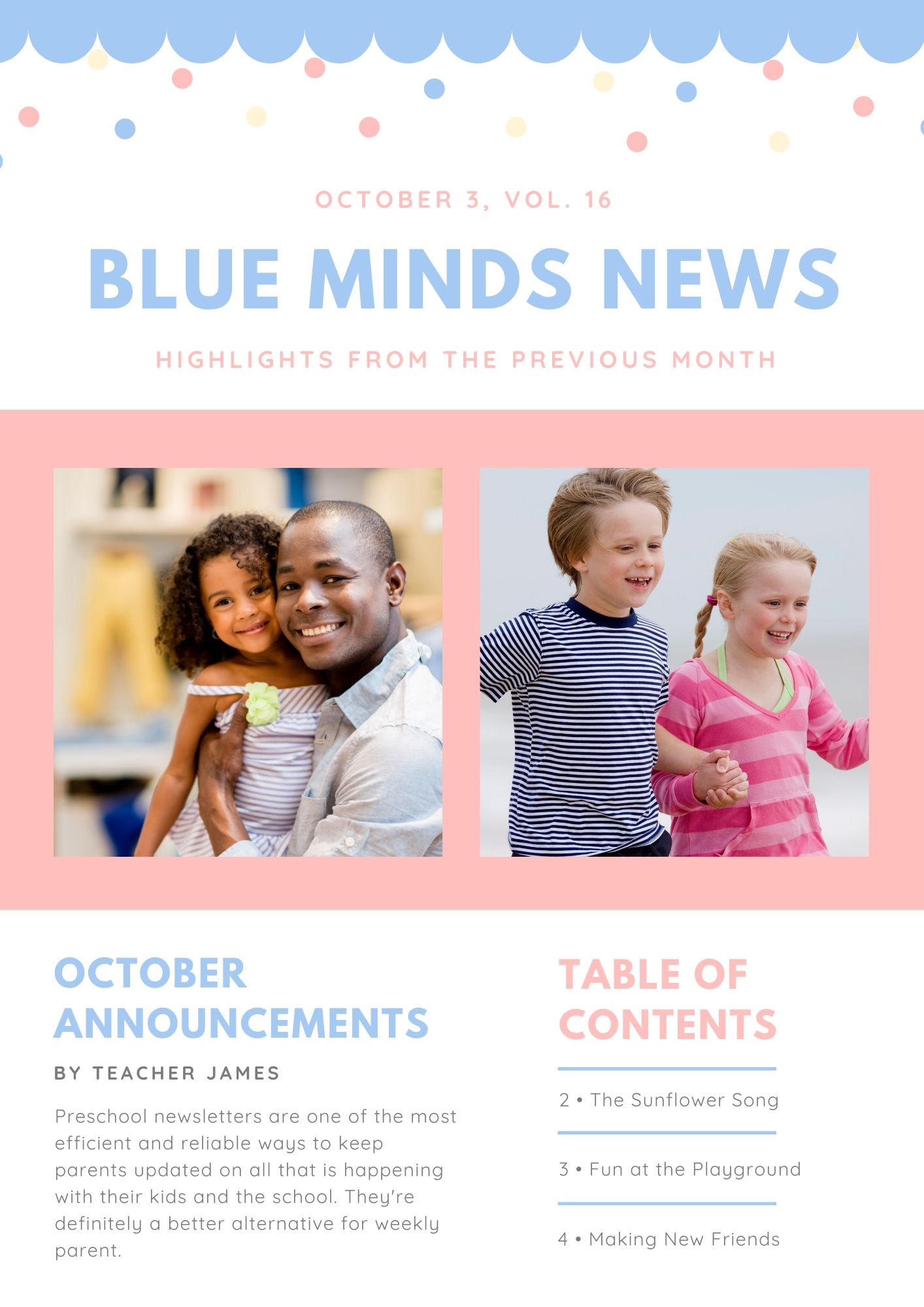 Blue Pink Cute Confetti Preschool Newsletter template from Canva