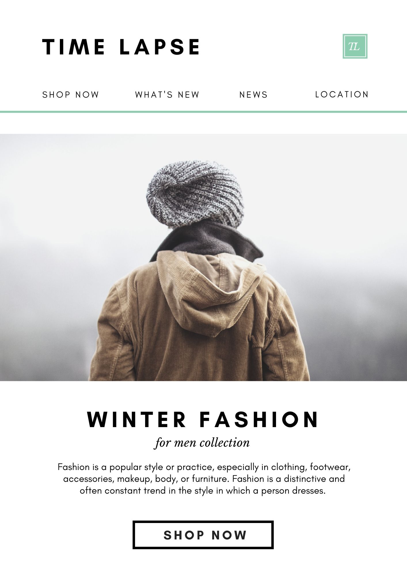 Winter Fashion is the email template showing with a Shop Now Button
