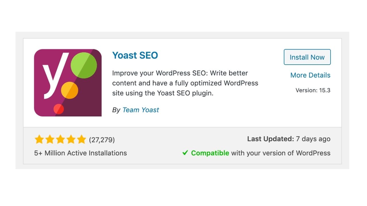 Yoast SEO Is a free plugin with premium features. This pic shows the Install Now option after finding the yoast seo plugin on WordPress