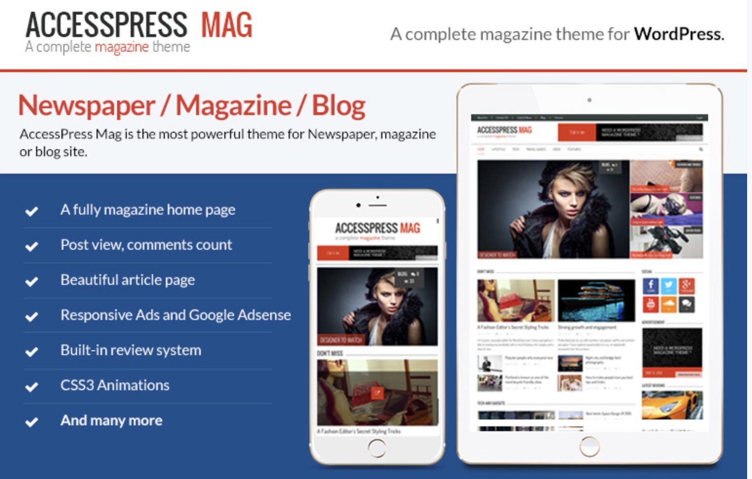 This theme features a news ticker, author block, two-post layout, sticky menu, and large images for pages/posts, along with social media integration.