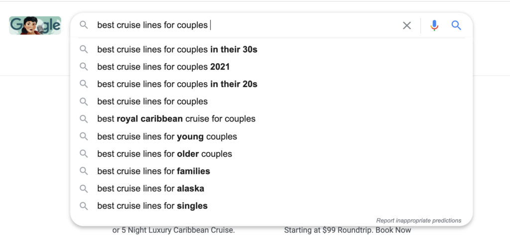 Taking 'best cruise lines for couples', we now get this great list of subtopics we can include in a blog. 