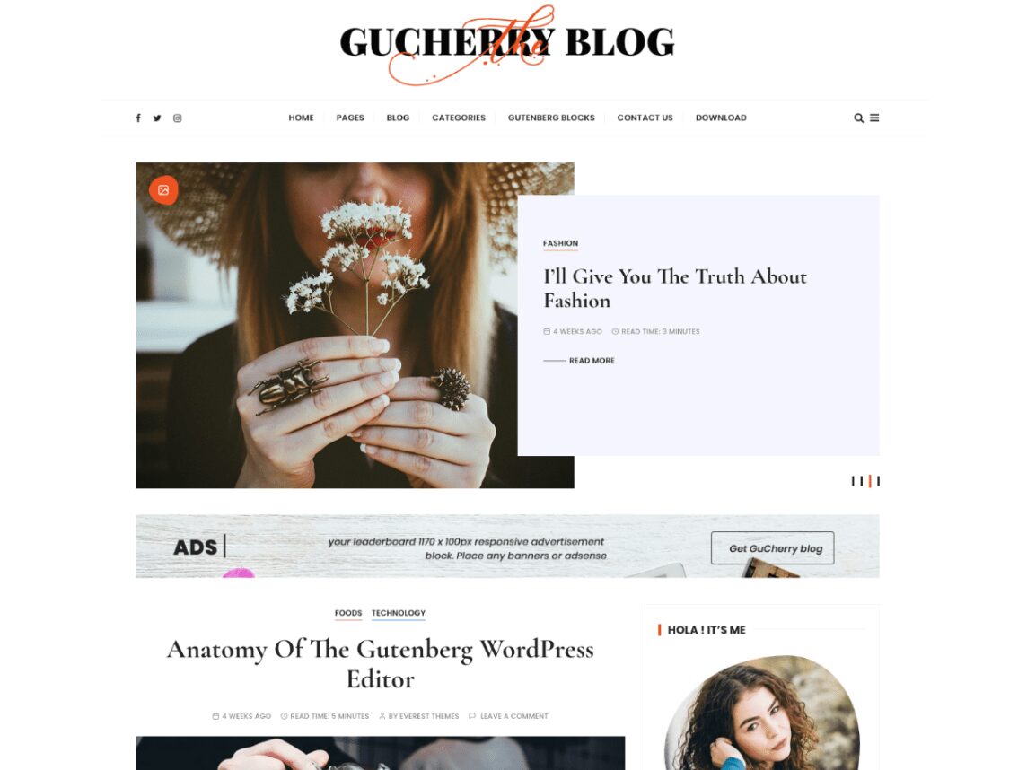 Another theme that you might want to consider using is Gucherry Blog. Gucherry Blog is a beautiful, minimalist, free theme ideal for those looking to run a lifestyle or fashion blog.