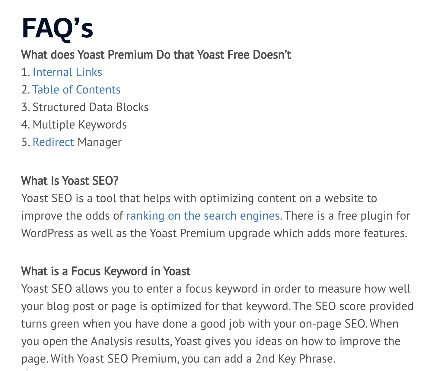 Sample of a FAQ section with the YOAST plugin