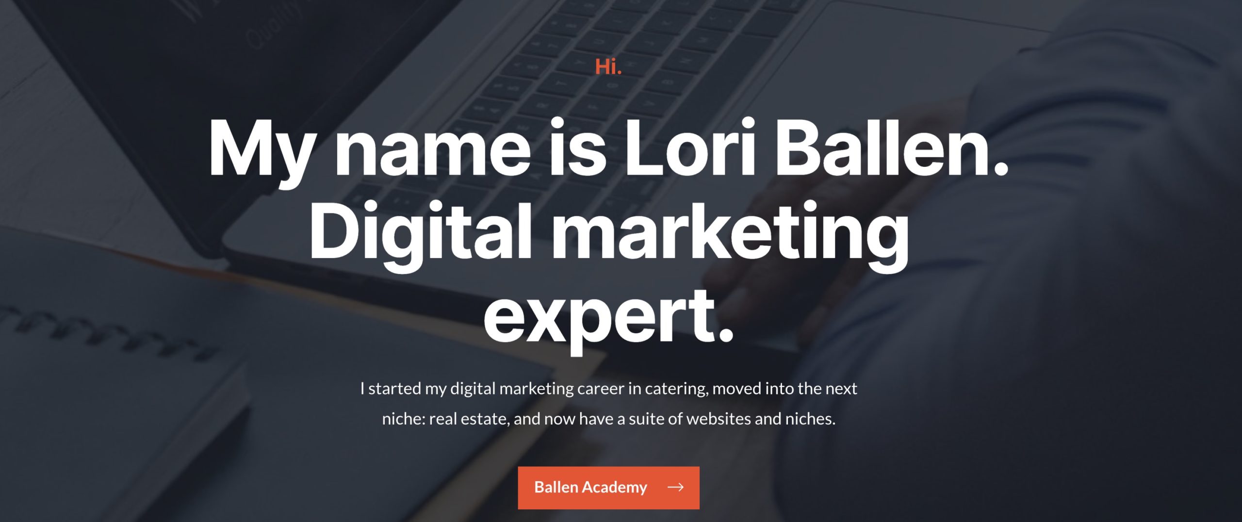 A sample header from an elementor landing page says "My name is Lori Ballen. Digital Marketing expert. 