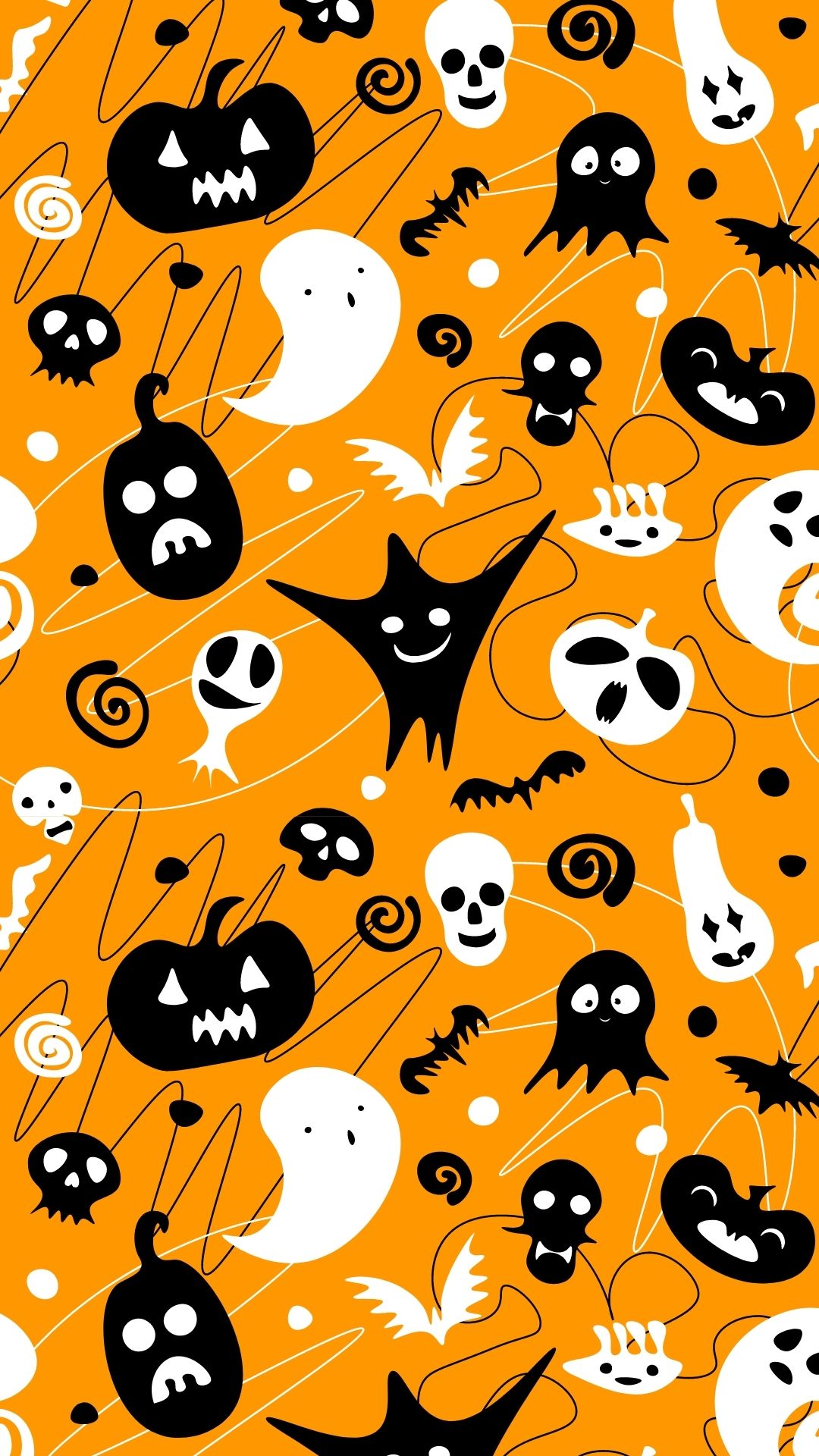 orange background, white skulls, ghosts, bats, black, white, casper, spooky, halloween, pumpkin, scary, background, wallpaper, screensaver