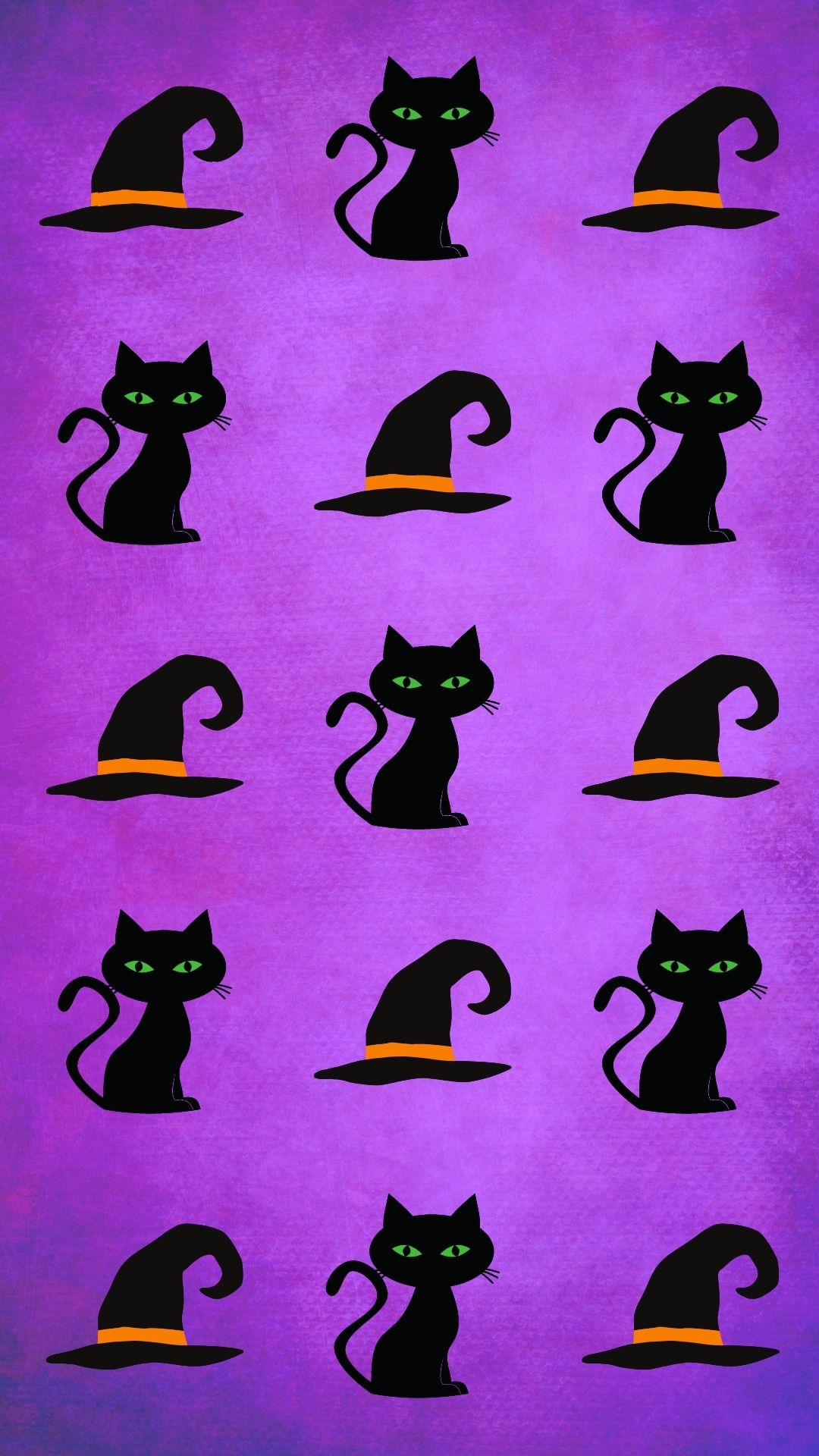 Black cats with green eyes, witches hat orange, purple background, cell phone wallpaper, iphone background, halloween, scary, spooky, cute