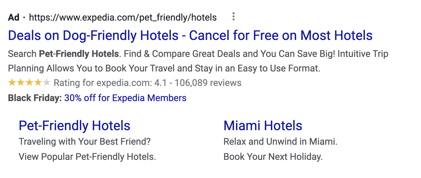 Expedia.com is paying Google Ads for a sponsored position for the keyword phrase pet friendly hotels