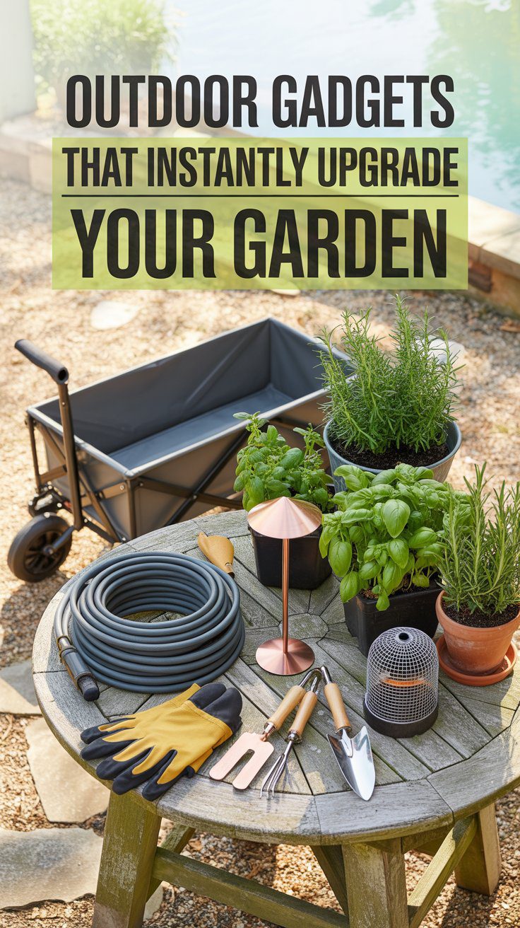 Discover essential outdoor gadgets and stylish tools—like gloves, hoses, and potted herbs—that can instantly elevate your garden, making tasks easier and adding a touch of charm to your outdoor space.