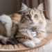 A striking calico cat named Bella lounges by a sunlit window, her green eyes shining as she gazes at the camera—a perfect portrait of feline charm and elegance.