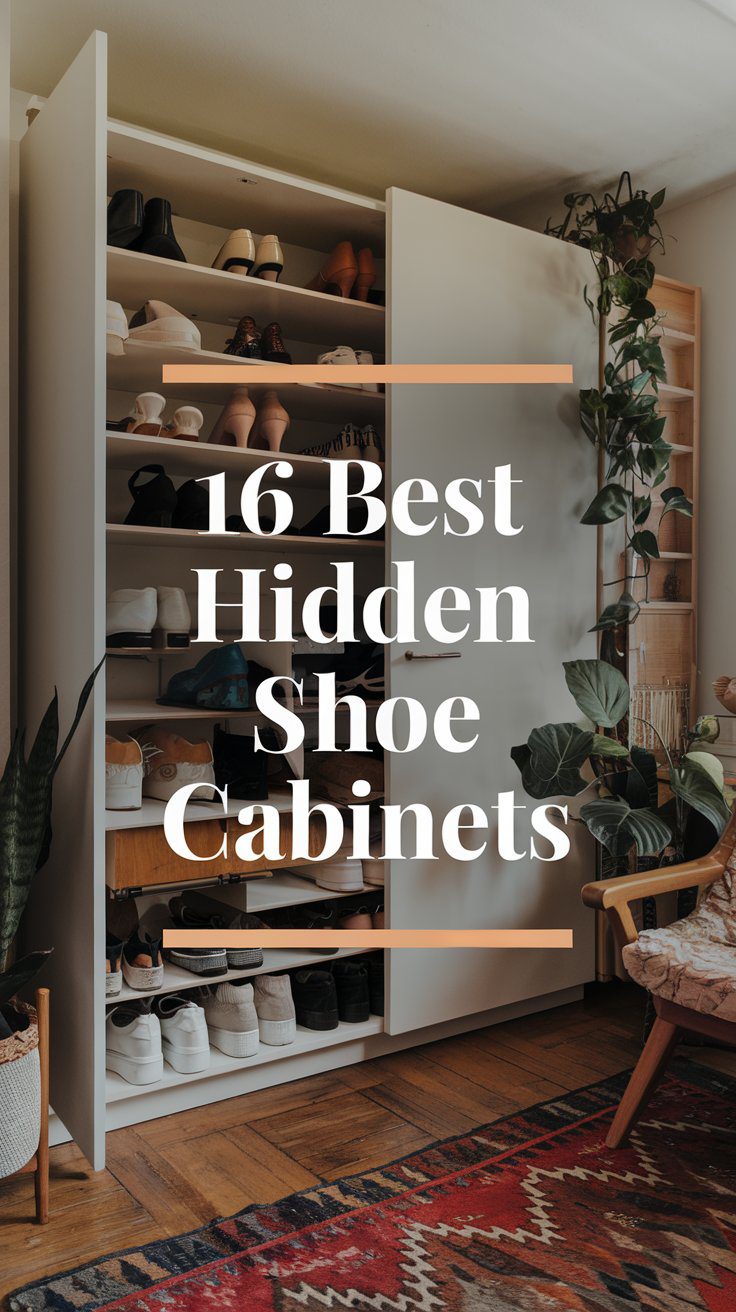 A stylish, open shoe cabinet with various shoes displayed, surrounded by plants and a cozy chair. Text overlay reads, 16 Best Hidden Shoe Cabinets. Discover top shoe storage solutions on a floor accented by a patterned rug.