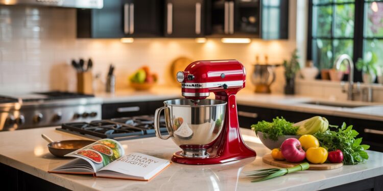 Step into a bright, organized 2024 kitchen where sunlight floods sleek marble counters topped with must-have gadgets, a vibrant red mixer, fresh vegetables, and an inviting cookbook—setting the stage for inspired modern cooking.