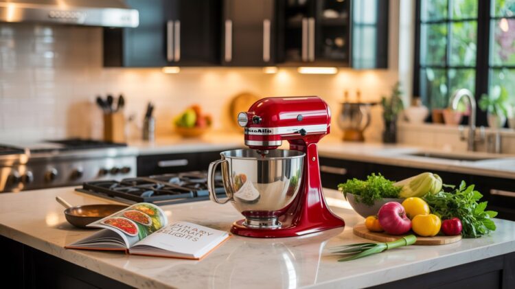 Step into a bright, organized 2024 kitchen where sunlight floods sleek marble counters topped with must-have gadgets, a vibrant red mixer, fresh vegetables, and an inviting cookbook—setting the stage for inspired modern cooking.