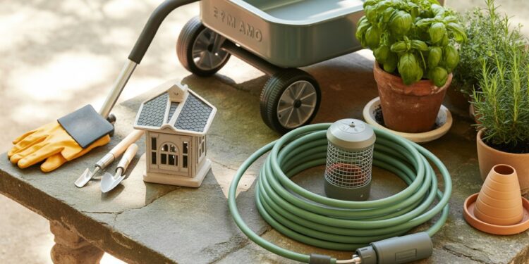 A vibrant gardening table showcases essential outdoor gadgets and décor—from a trusty wagon and potted herbs to practical tools, gloves, stacked pots, and a charming birdhouse—all beautifully arranged to inspire your next garden project.