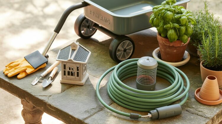 A vibrant gardening table showcases essential outdoor gadgets and décor—from a trusty wagon and potted herbs to practical tools, gloves, stacked pots, and a charming birdhouse—all beautifully arranged to inspire your next garden project.