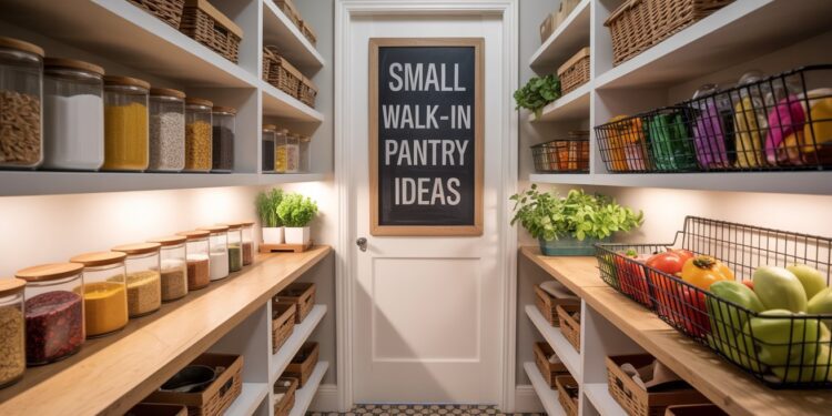 Discover smart pantry organization with a stylish small walk-in pantry, featuring neatly arranged shelves of jars, baskets, fresh produce, and creative storage ideas—all introduced by an inviting chalkboard sign.
