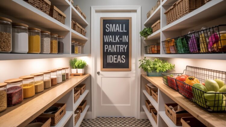 Discover smart pantry organization with a stylish small walk-in pantry, featuring neatly arranged shelves of jars, baskets, fresh produce, and creative storage ideas—all introduced by an inviting chalkboard sign.