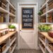 Discover smart pantry organization with a stylish small walk-in pantry, featuring neatly arranged shelves of jars, baskets, fresh produce, and creative storage ideas—all introduced by an inviting chalkboard sign.