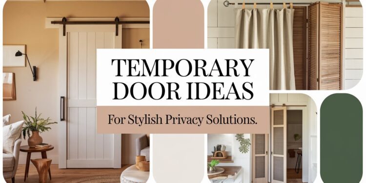 Collage of temporary door ideas featuring a sliding barn door, a curtain on a rod, and folding wooden panels. The background includes earthy tones and home decor elements. Text reads, Discover Temporary Door Ideas for Stylish Privacy Solutions.
