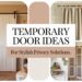 Collage of temporary door ideas featuring a sliding barn door, a curtain on a rod, and folding wooden panels. The background includes earthy tones and home decor elements. Text reads, Discover Temporary Door Ideas for Stylish Privacy Solutions.