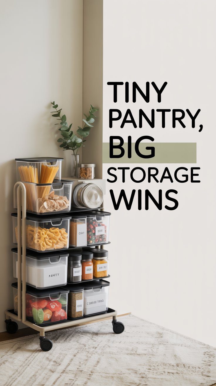 A compact rolling cart demonstrates smart pantry optimization, featuring neatly organized containers and labeled jars, all set beneath a sign that celebrates “Tiny pantry, big storage wins.” A decorative plant adds a touch of style to this efficient storage solution.