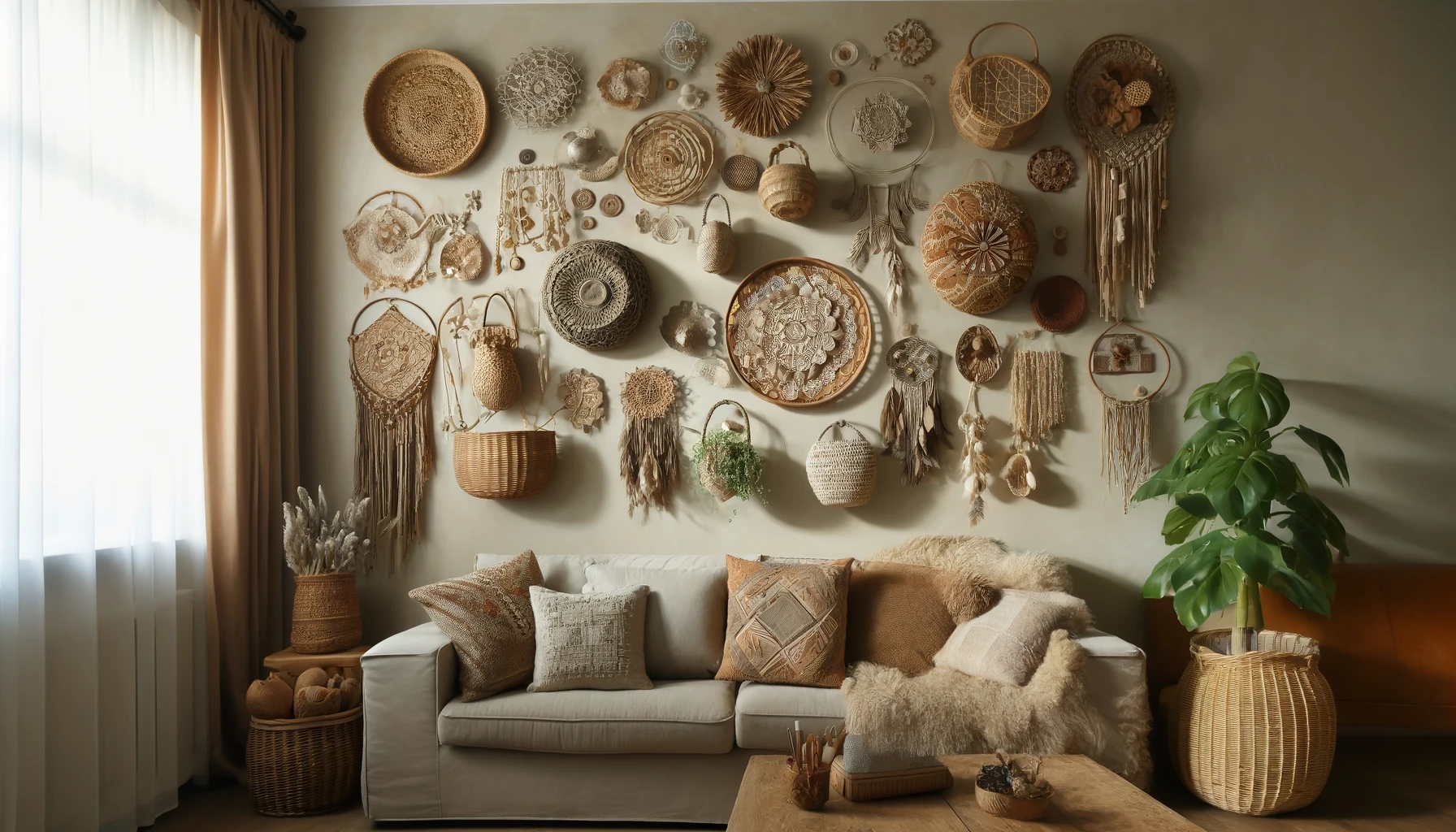Here's an image of what a bohemian-style living room wall adorned with an assortment of woven baskets might look like. This visual captures the varied sizes, shapes, and textures of the baskets, some decorated with earth-tone paints and others embellished with natural elements like feathers and beads. The cozy setting includes a plush sofa and potted plants, enhancing the rustic and boho vibe of the display.