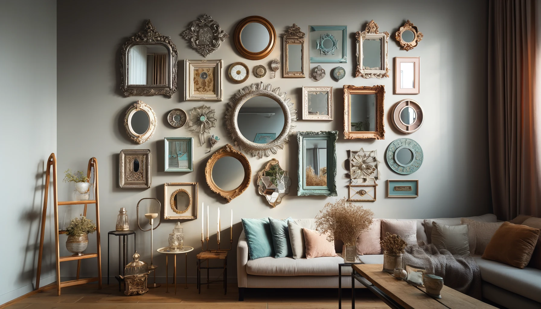 Here's an image showcasing an elegant wall display featuring a collection of thrifted mirrors. Each mirror has a unique frame that has been revived and repainted, varying in shapes and sizes and adorned in a range of colors, including metallic and pastel shades. Some frames are distressed, adding rustic charm, while others are sleek and modern. This eclectic arrangement creates a striking focal point in a stylish living room setting.