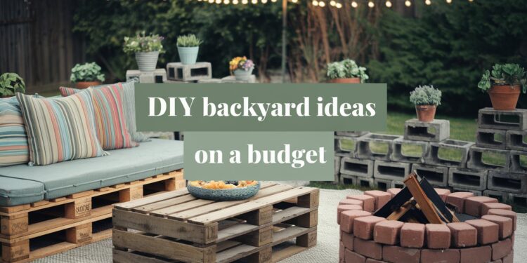 Cozy backyard setup with pallet seating, cushions, and a fire pit. String lights hang overhead, and plants are arranged on cinder blocks. Text overlay reads, DIY Backyard Ideas on a Budget.