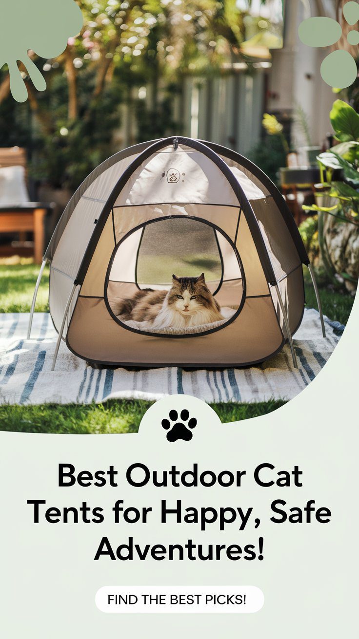 A fluffy cat lounges in a small, dome-shaped outdoor tent on a striped mat in the garden. Text below reads, Best Outdoor Cat Tents for Happy, Safe Adventures! Discover top picks and reviews for your felines fun!.