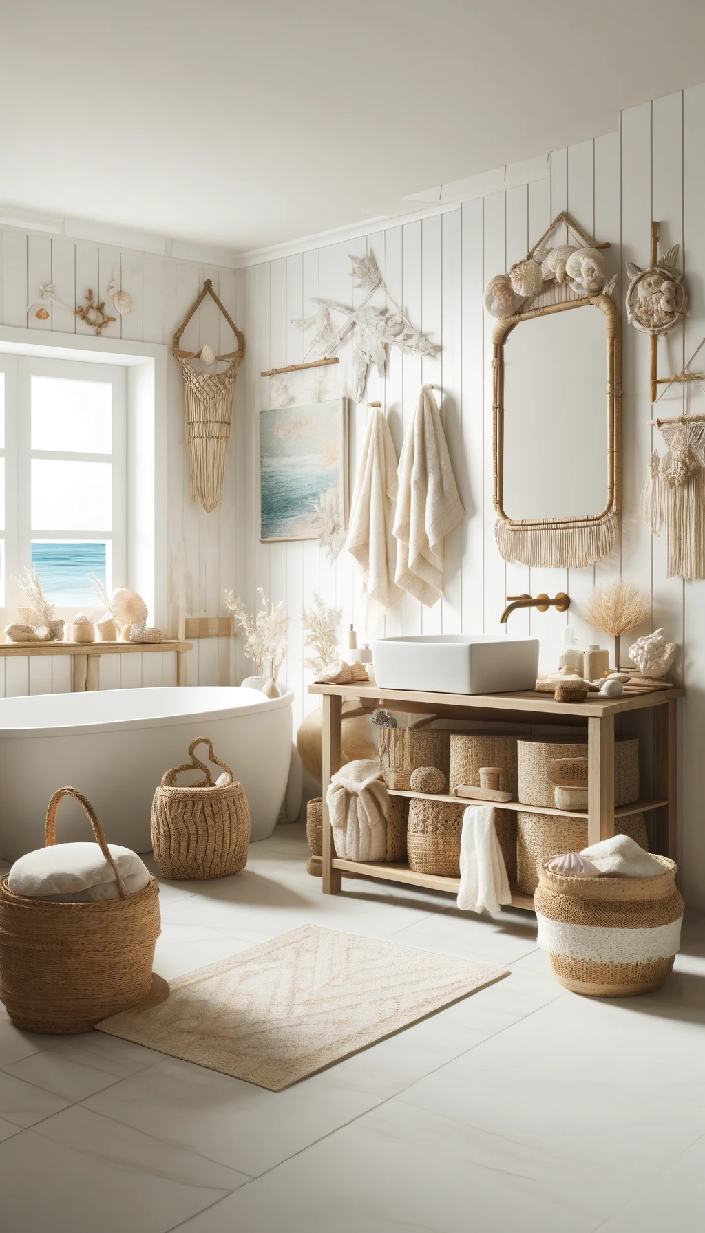Here is the image of a peaceful bathroom retreat designed with boho and beachy styles. The space uses light colors like whites and neutrals for a calming atmosphere and features decor such as woven baskets, macrame hangings, bamboo features, and coastal pieces like seashell soap dishes and driftwood mirrors. Nautical art enhances the beachy mood, creating a tropical paradise feel. Soft, white bath towels add elegance and a spa-like touch. You can view the image above