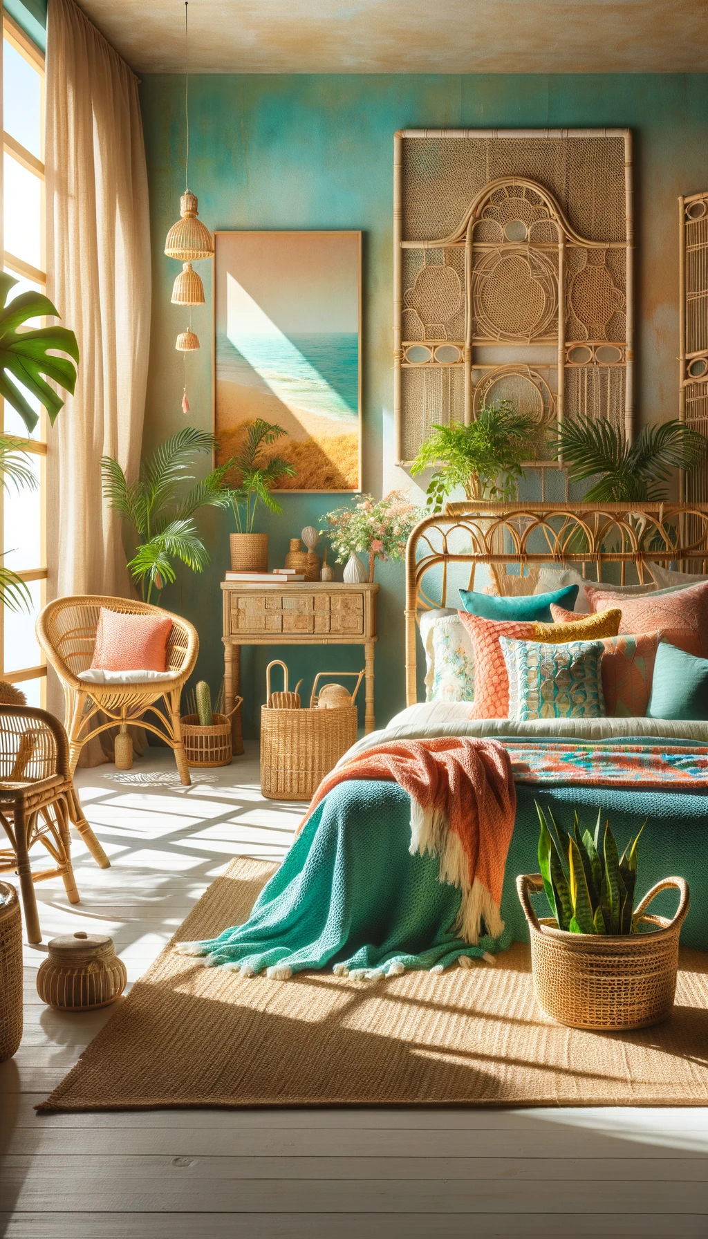 Use bright colors and natural materials to make your bedroom feel beachy and boho. Go for turquoise, coral, and sandy beige in your decor. For a tropical vibe, use rattan furniture and planters. This adds the calming effects of nature to your space.