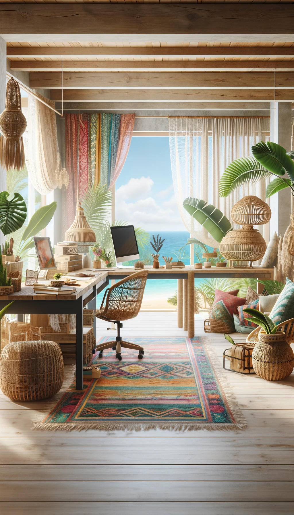 Here is the image of a boho home office by the sea, blending coastal and bohemian styles. The office features natural elements like a wooden desk and rattan chairs, bright colors in decor items, and plants that add a touch of greenery, creating a paradise-like atmosphere