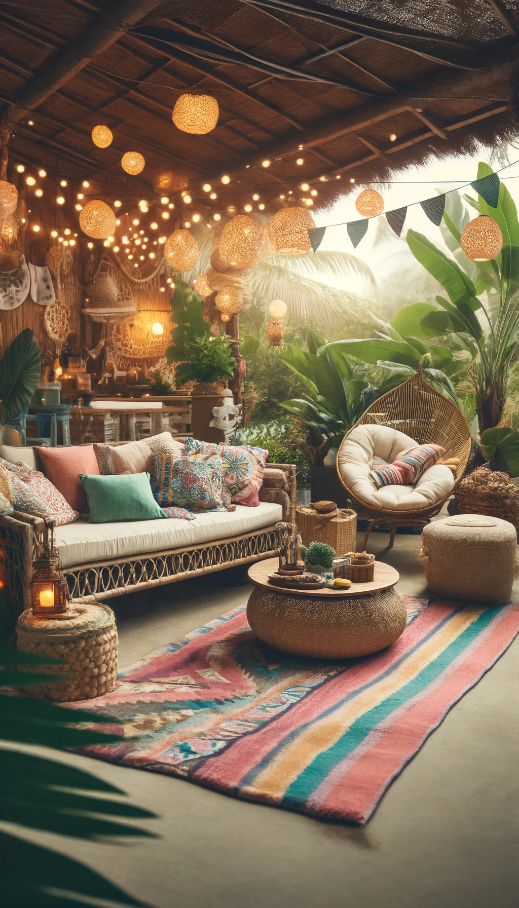 The space features a comfy rattan sofa adorned with fun throw pillows, a colorful rug, and string lights or lanterns for a cozy vibe. Lush plants and beachy accessories like a wooden table and a hammock or chair for chilling create a relaxing and inviting outdoor area
