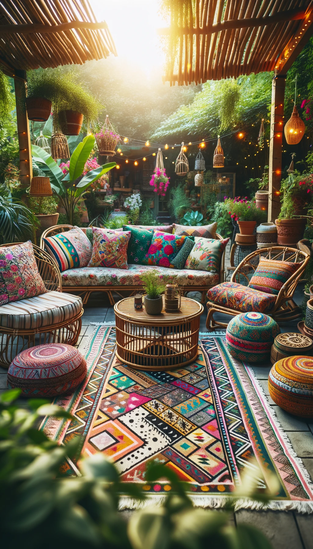 boho patio in a lush garden. It features a vibrant mix of floral and geometric patterns on cushions, tribal design rugs, and a setting that embodies a warm, inviting boho style. 