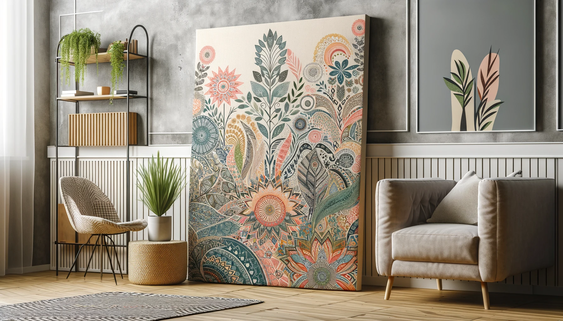 a stylish and vibrant piece of DIY boho wall art made from accent wallpaper. The wallpaper features intricate botanical prints or geometric designs, applied to a large canvas or wooden board, framed, and displayed in a modern living room setting. This artwork creates a colorful and textured focal point, enhancing the room's cozy and chic ambiance.