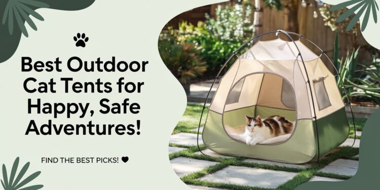 A calico cat relaxes in a small, green and beige outdoor tent in a garden. Surrounding text reads, Reviews of the Best Outdoor Cat Tents for Happy, Safe Adventures! Find the Best Picks! with decorative leaf designs on a light green background.
