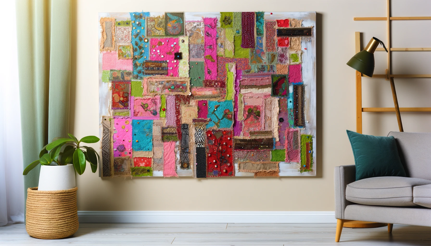 Here's an image showcasing a vibrant and colorful boho wall art piece made from embellished fabric scraps. The artwork features a dynamic collage of various fabrics, each with different textures and patterns, including floral, geometric, and abstract designs. The piece is further enhanced with beads, buttons, and embroidery, adding depth and intricacy. This handmade art, displayed on a large canvas, complements the bohemian decor of a stylish room beautifully.