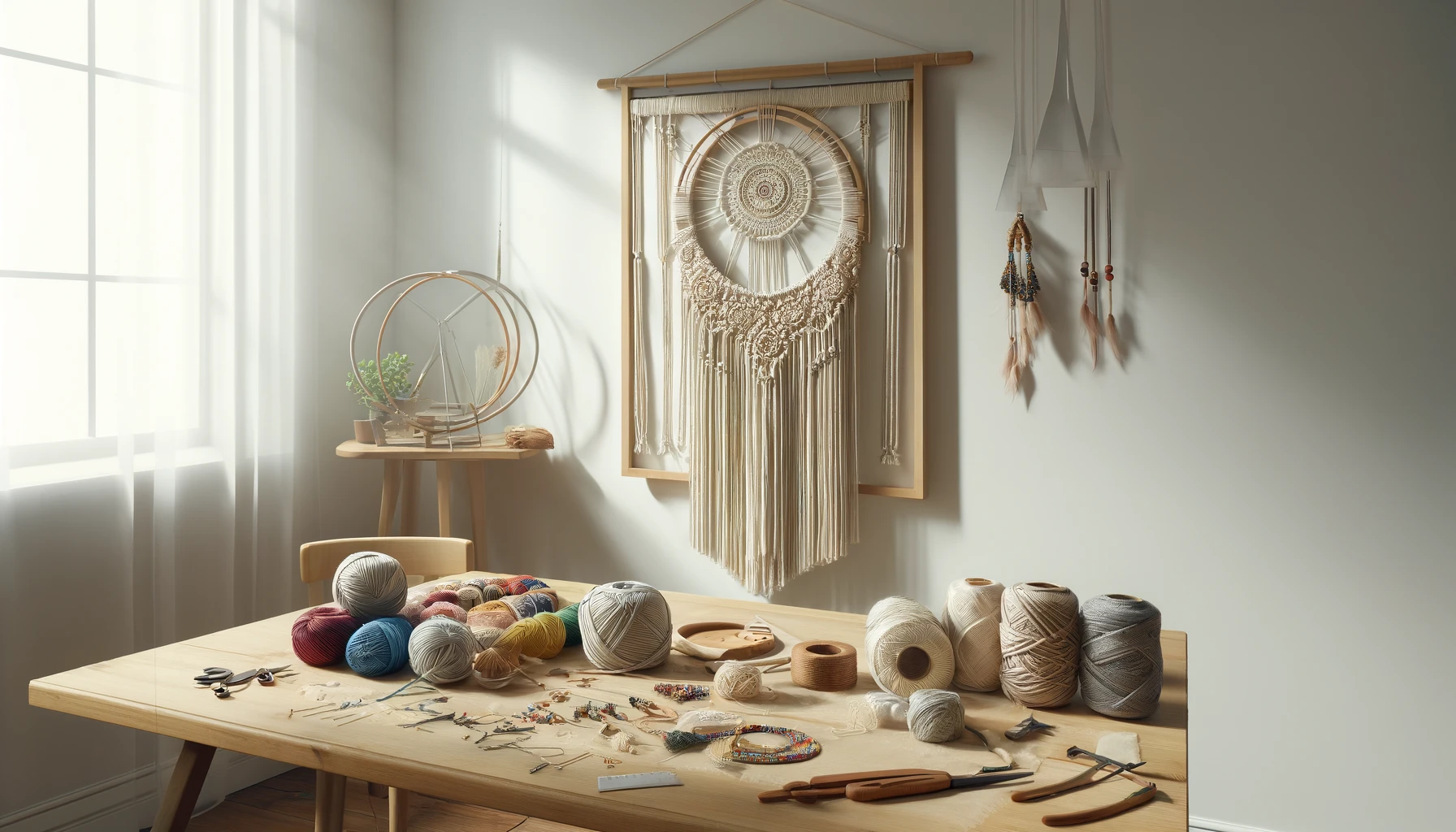 image depicting a well-lit workspace where a person is crafting macrame wall decor, complete with all the supplies 