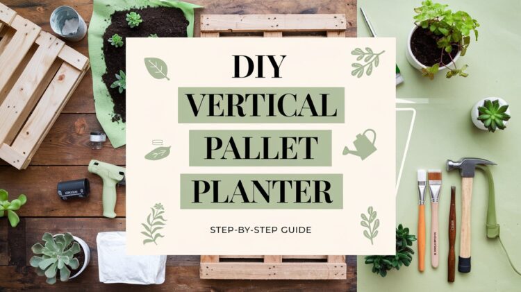 DIY Vertical Pallet Planter step-by-step guide display. Surrounded by gardening tools, wooden pallets, small plants, soil, and gardening gloves on a wooden table. Dive into this DIY project and transform your space with a touch of green creativity.