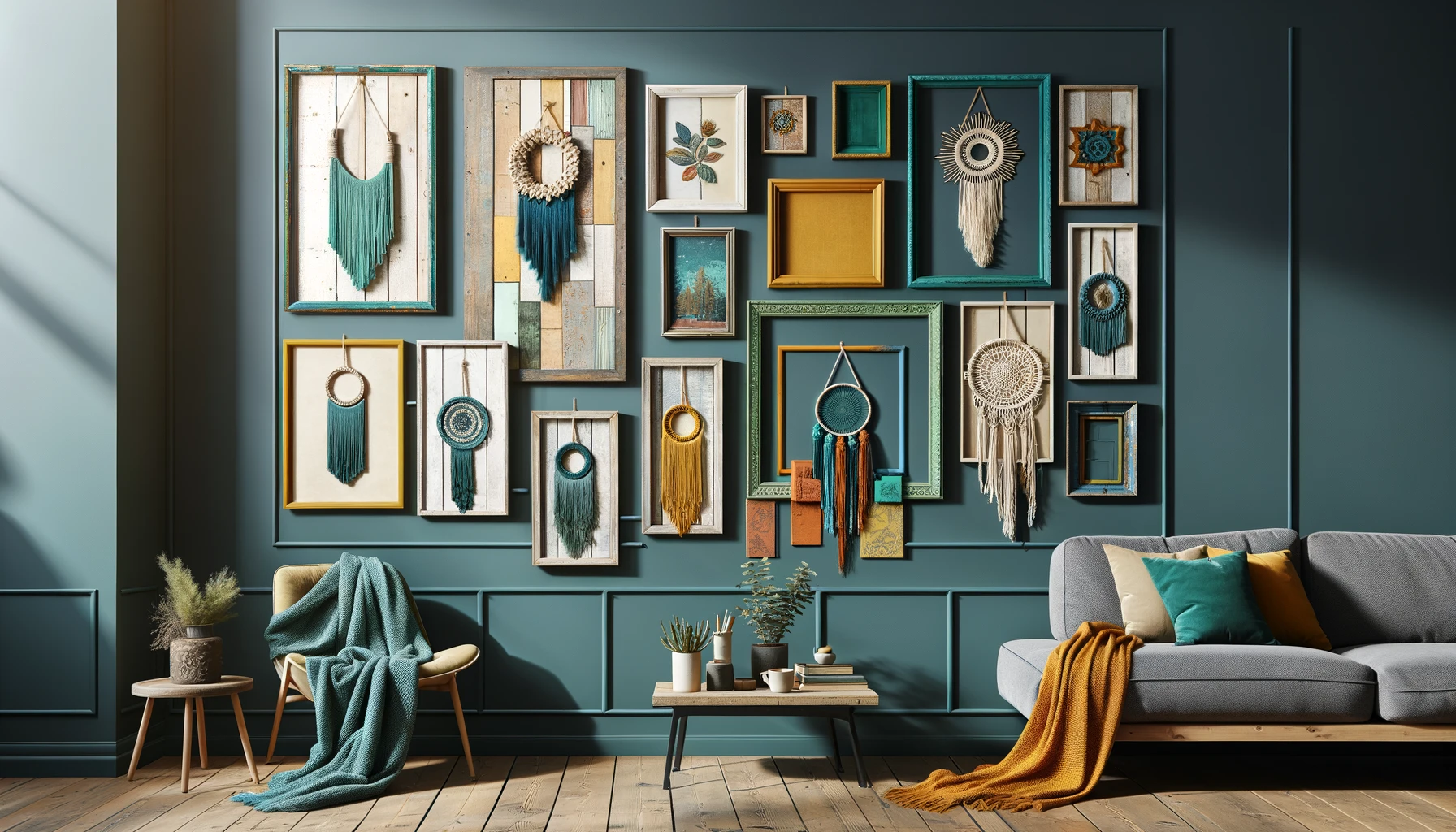Here's an image showcasing a stylish interior wall decorated with a collection of repurposed vintage frames. These frames, painted in vibrant colors like teal and mustard, some distressed to show the original wood, serve as unique backdrops for macramé and cool fabrics. The eclectic gallery wall complements the modern furnishings of the room, enhancing its overall aesthetic.